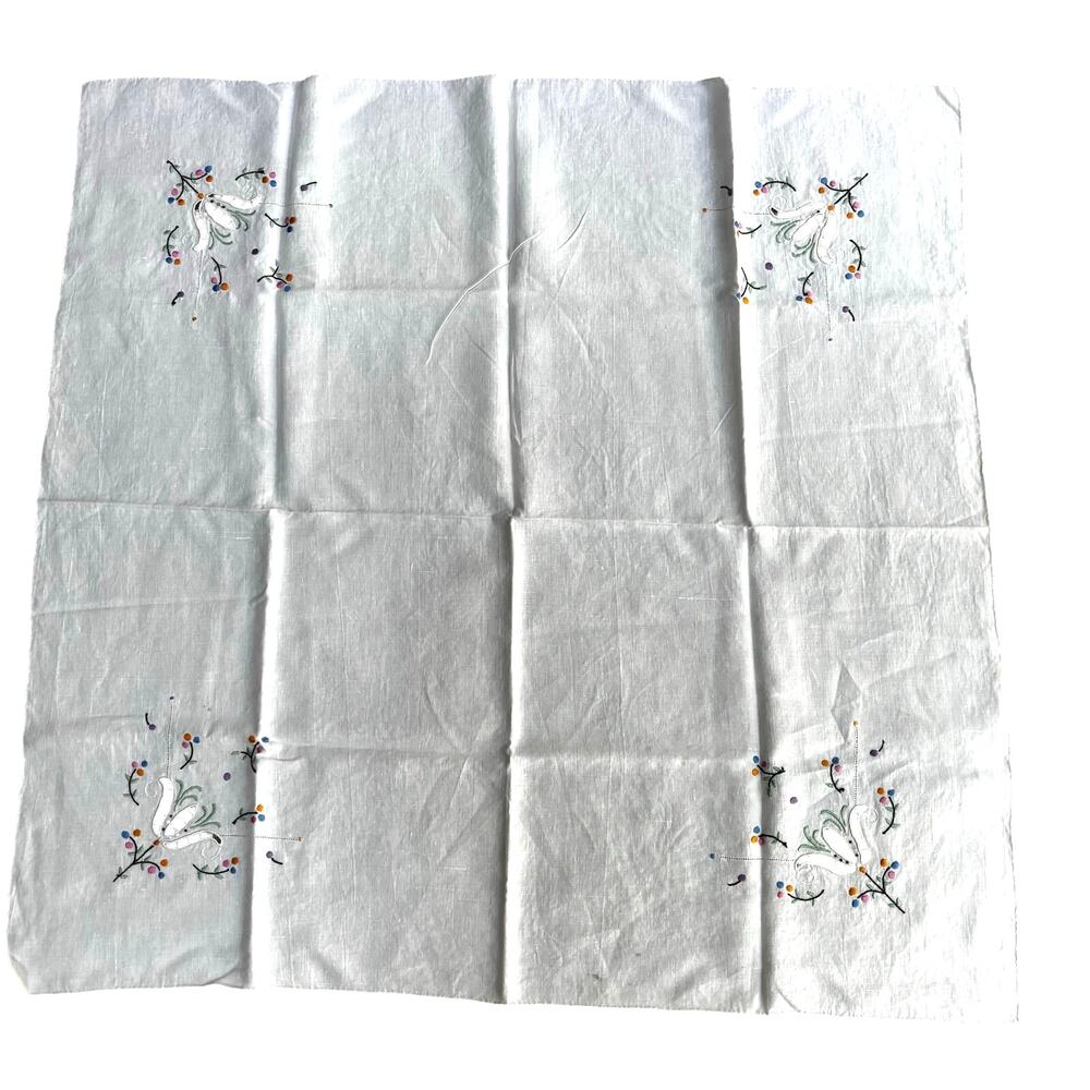 Vintage linen blend tablecloth topper embroidery cutwork creamy white square